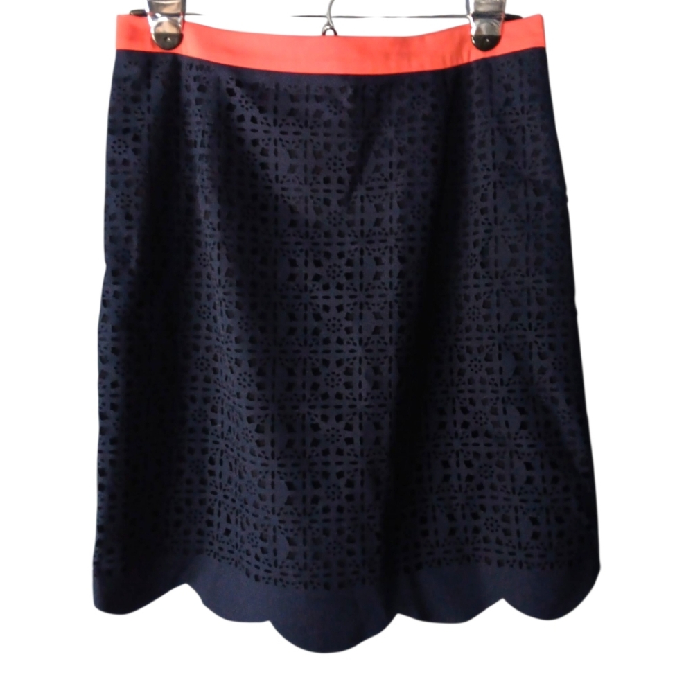 Pixley Navy/Coral Mini Skirt Back Zip Up Scalloped Hemline SZ Medium